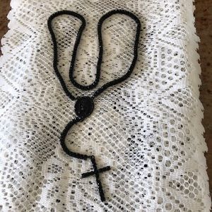 Black CZ rosary cross Jesus long necklace